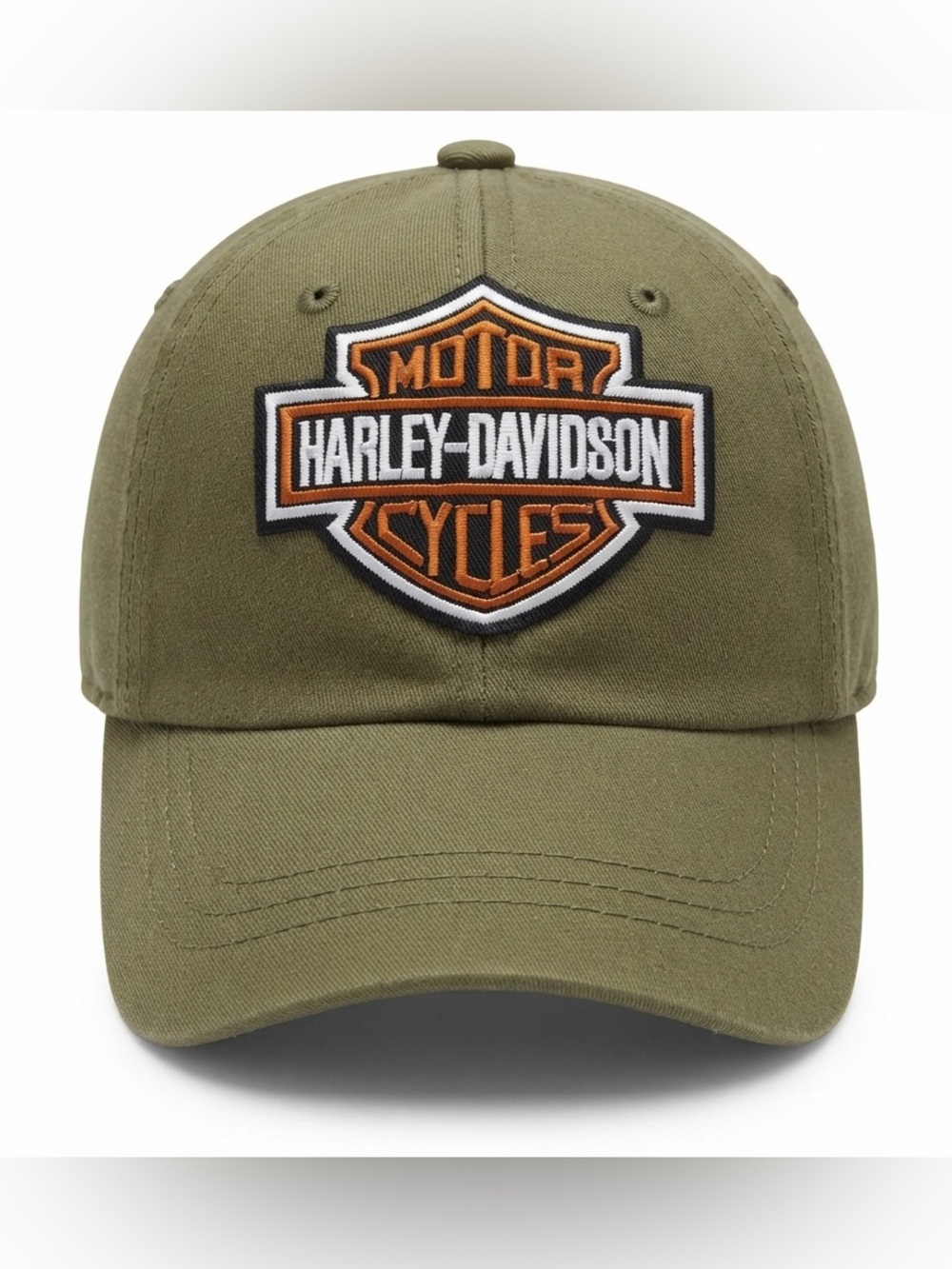 Harley-Davidson Military Green Cap with Orange and White Shield Patch Logo